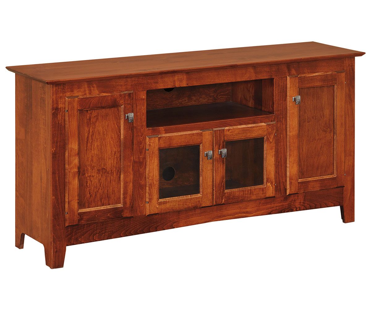 hand-rubbed finish hardwood Mission Style Media Console With Curved Legs, Mission Style Media Console With Curved Legs in a showroom vignette setting highlighting Mission Style Media Console With Curved Legs (thumbnail 3 of 3).