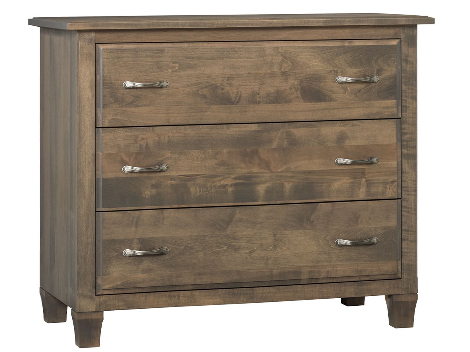 hand-rubbed finish hardwood Three-drawer Hardwood Dresser, Three-drawer Hardwood Dresser in a showroom vignette setting highlighting Three-drawer Hardwood Dresser (frame 1 of 2).