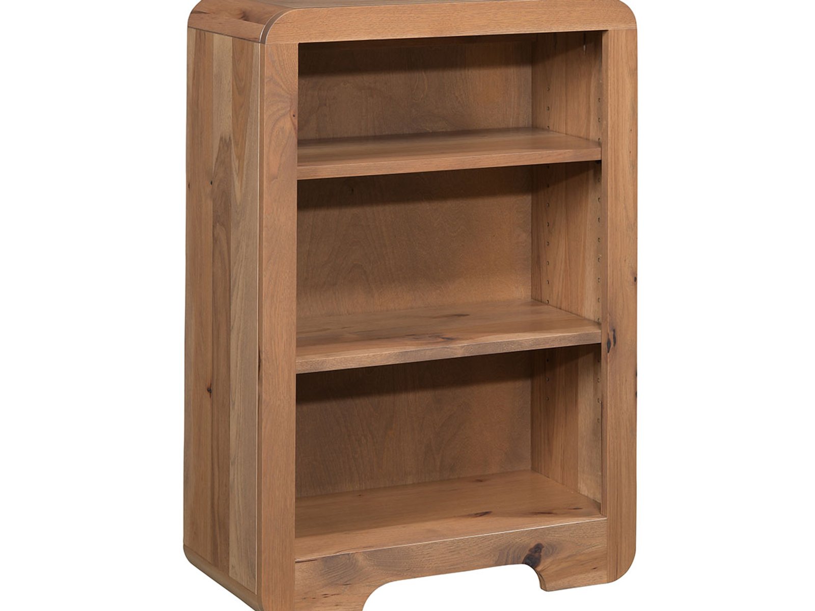 hand-rubbed finish hardwood Rounded Edge Solid Wood Bookcase With Adjustable Shelves, Rounded Edge Solid Wood Bookcase With Adjustable Shelves in a showroom vignette setting highlighting Rounded Edge Solid Wood Bookcase With Adjustable Shelves (frame 1 of 5).