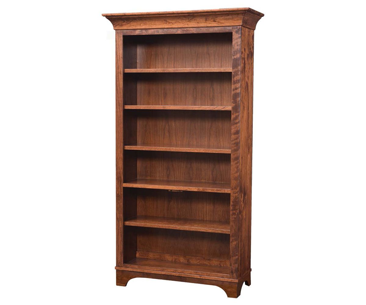 hand-rubbed finish hardwood Solid Wood Bookcase With Crown Molding, Solid Wood Bookcase With Crown Molding in a showroom vignette setting highlighting Solid Wood Bookcase With Crown Molding (thumbnail 2 of 9).