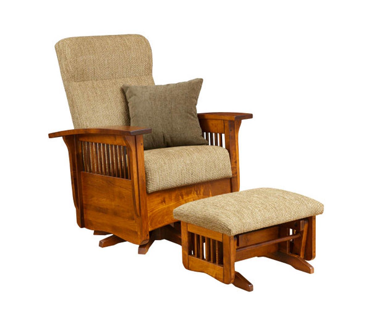 hand-rubbed finish hardwood Swivel Glider Chair With Ottoman, Swivel Glider Chair With Ottoman in a showroom vignette setting highlighting Swivel Glider Chair With Ottoman (thumbnail 10 of 11).