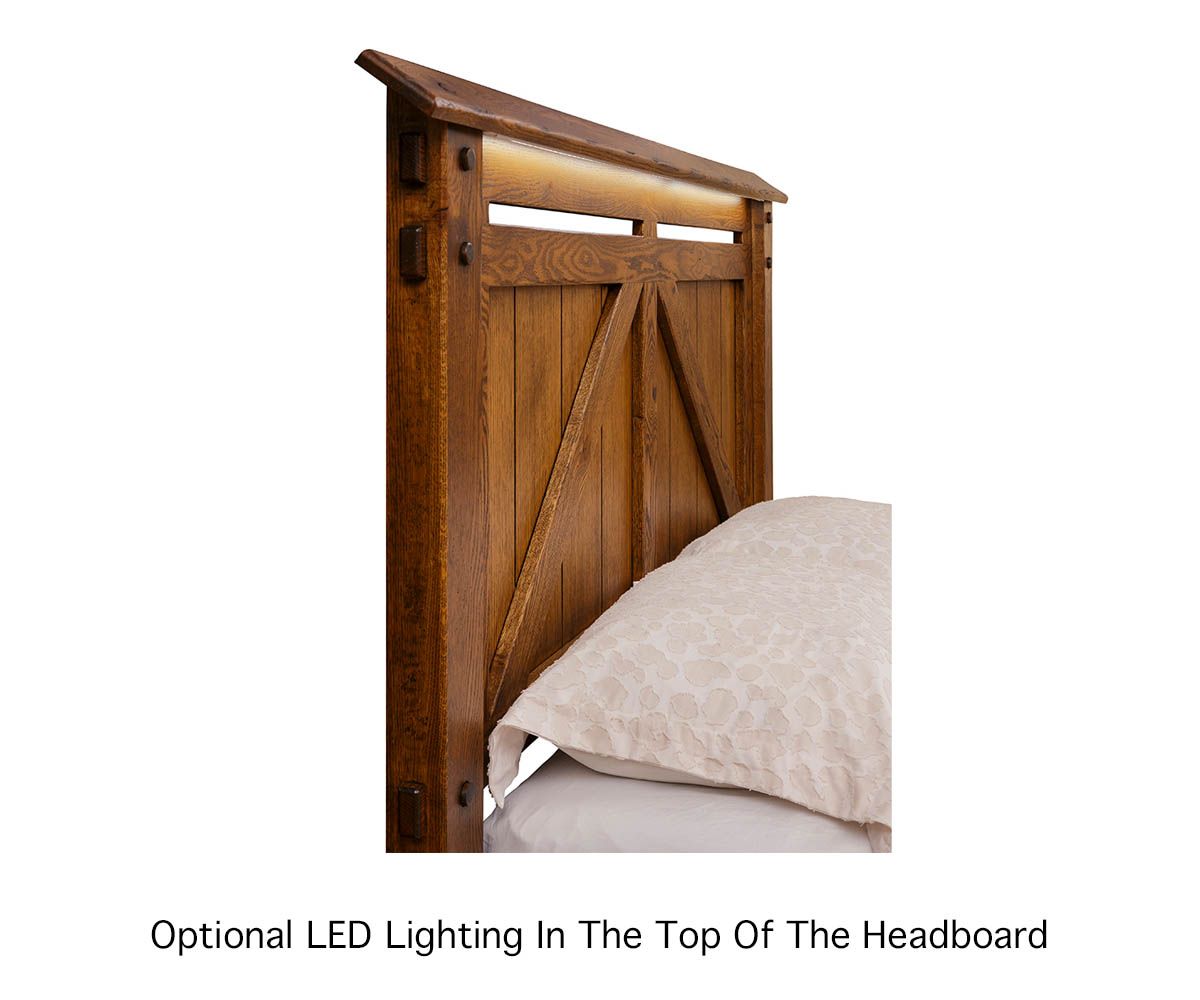 hand-rubbed finish hardwood Farmstead Rustic Panel Bed With Led Headboard, Farmstead Rustic Panel Bed With Led Headboard in a Farmstead vignette setting highlighting Farmstead Rustic Panel Bed With Led Headboard (thumbnail 2 of 5).