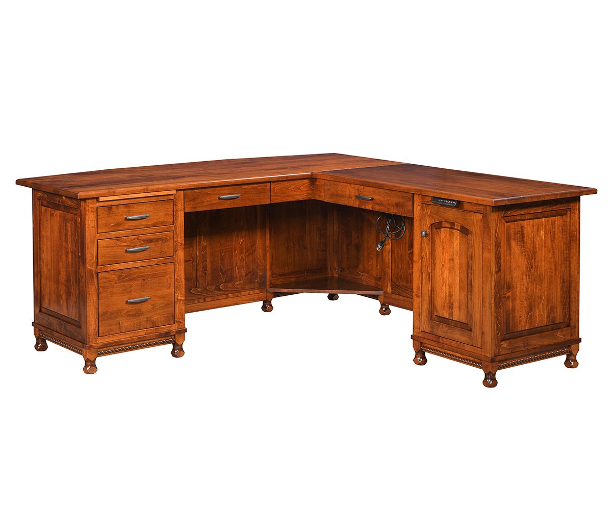 hand-rubbed finish hardwood L-shaped Solid Wood Desk With Adjustable Lift Top, L-shaped Solid Wood Desk With Adjustable Lift Top in a showroom vignette setting highlighting L-shaped Solid Wood Desk With Adjustable Lift Top (thumbnail 4 of 6).