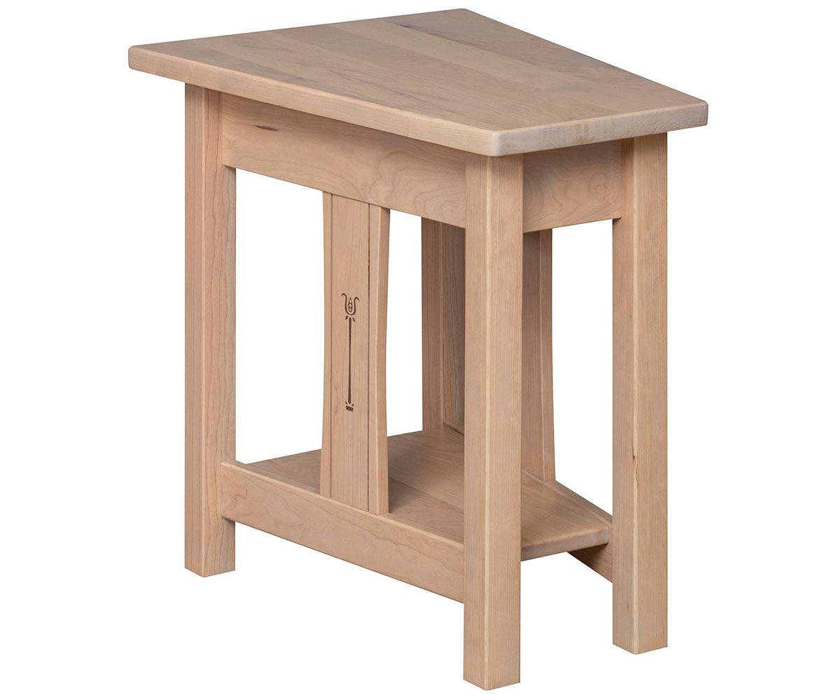 Wedge End Table With Lower Shelf And Slat Sides