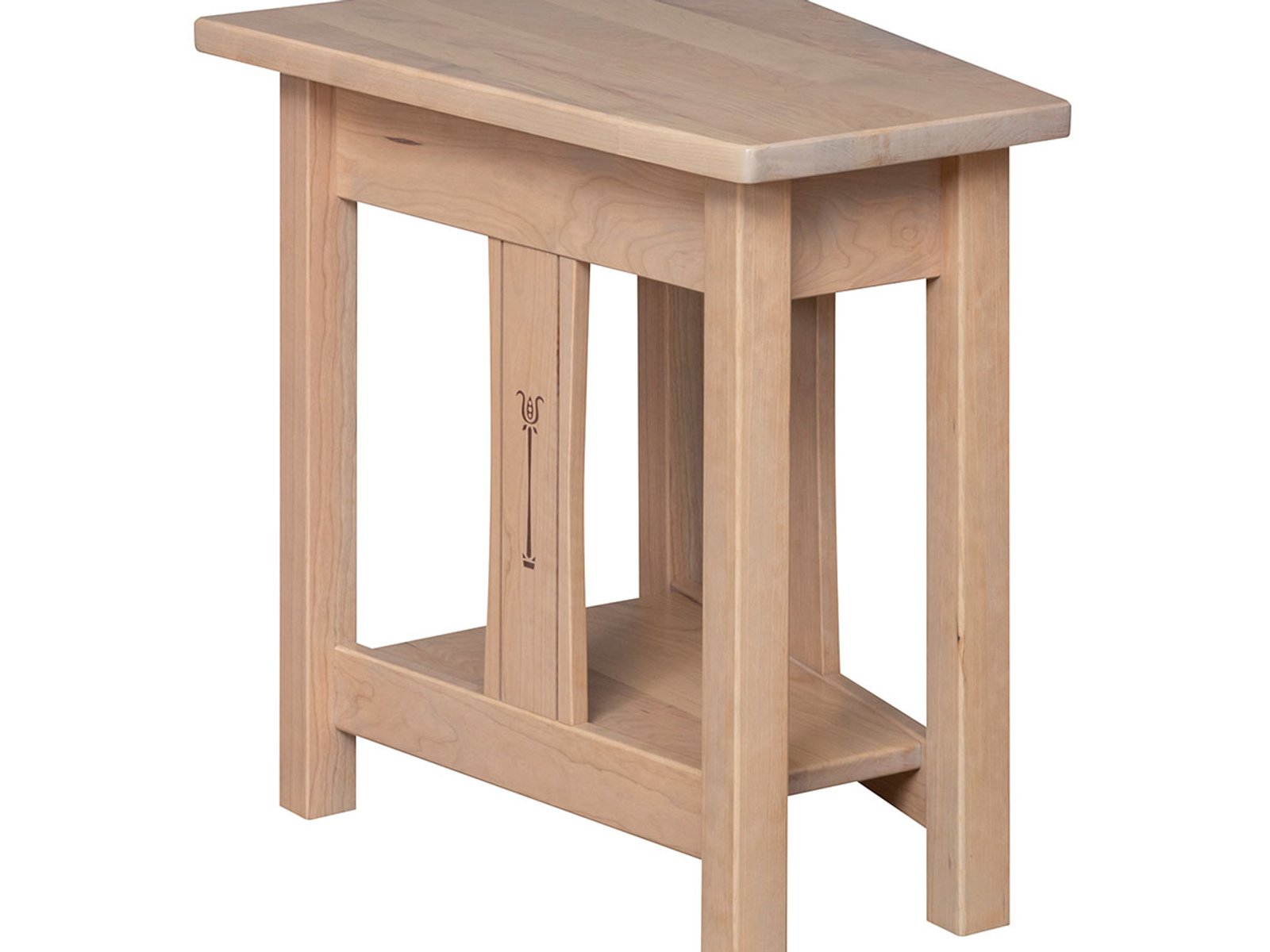 hand-rubbed finish hardwood Wedge End Table With Lower Shelf And Slat Sides, Wedge End Table With Lower Shelf And Slat Sides in a showroom vignette setting highlighting Wedge End Table With Lower Shelf And Slat Sides (frame 1 of 5).