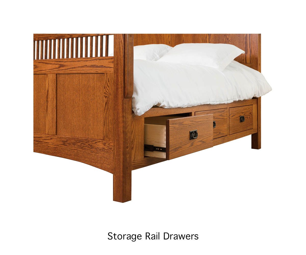 hand-rubbed finish hardwood Mission Style Storage Bed With Drawers, Mission Style Storage Bed With Drawers in a showroom vignette setting highlighting Mission Style Storage Bed With Drawers (thumbnail 3 of 4).