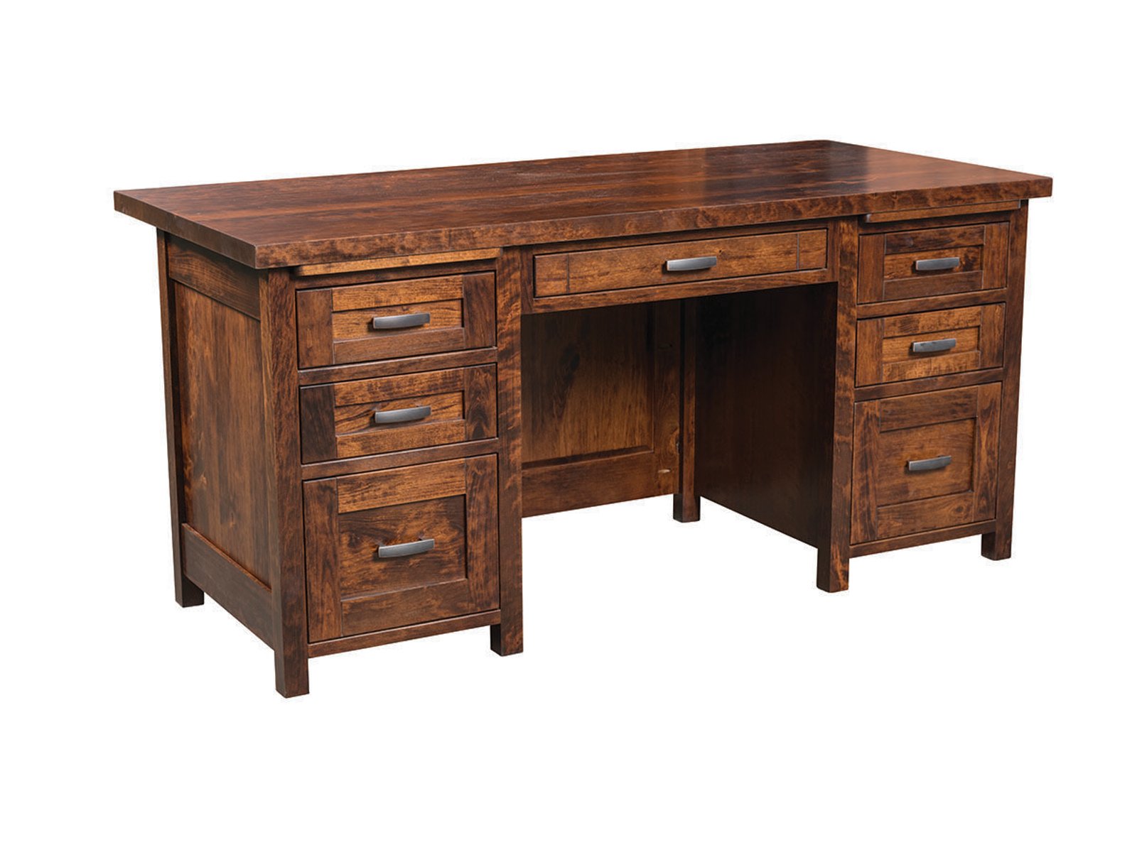 hand-rubbed finish hardwood Mission Style Executive Desk With Full Drawer Pedestals, Mission Style Executive Desk With Full Drawer Pedestals in a showroom vignette setting highlighting Mission Style Executive Desk With Full Drawer Pedestals (frame 1 of 2).