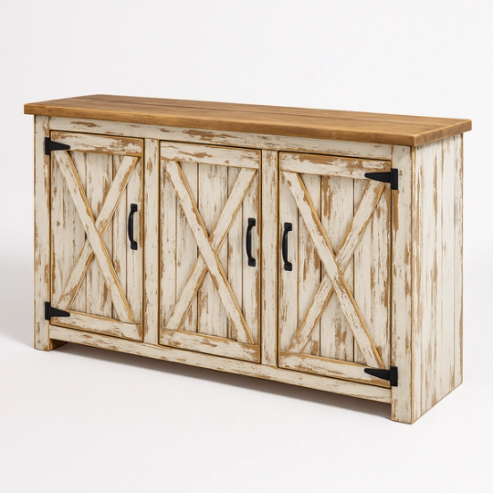 Long barn-door sideboard with four distressed white ‘Z’-brace doors, black strap hinges, and a natural pine top.