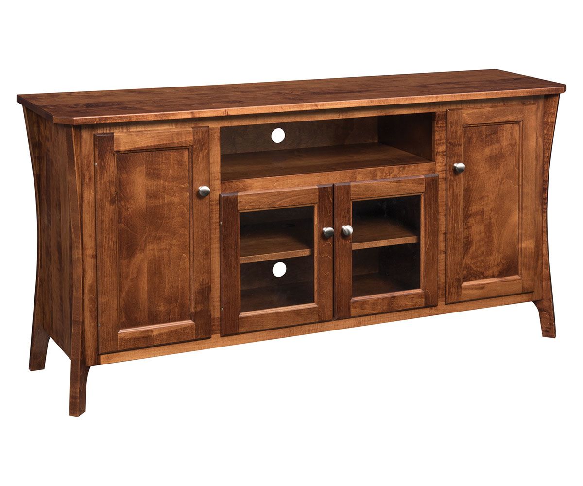 hand-rubbed finish hardwood Mission Style Media Console With Curved Legs, Mission Style Media Console With Curved Legs in a showroom vignette setting highlighting Mission Style Media Console With Curved Legs (thumbnail 2 of 3).