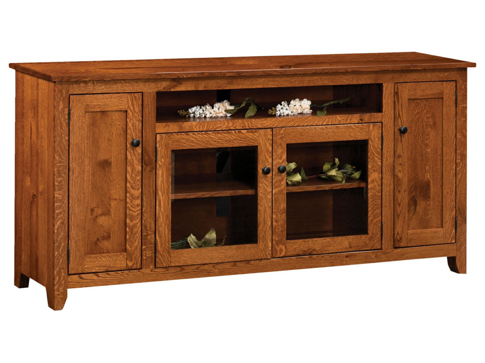 hand-rubbed finish hardwood Shaker Style Four-door Glass And Wood Sideboard, Shaker Style Four-door Glass And Wood Sideboard in a showroom vignette setting highlighting Shaker Style Four-door Glass And Wood Sideboard (frame 1 of 1).