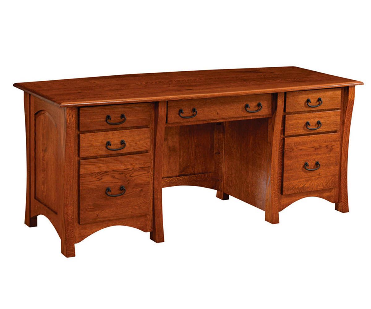 hand-rubbed finish hardwood Mission Executive Desk With Arched Base And Six Drawers, Mission Executive Desk With Arched Base And Six Drawers in a showroom vignette setting highlighting Mission Executive Desk With Arched Base And Six Drawers (thumbnail 2 of 2).