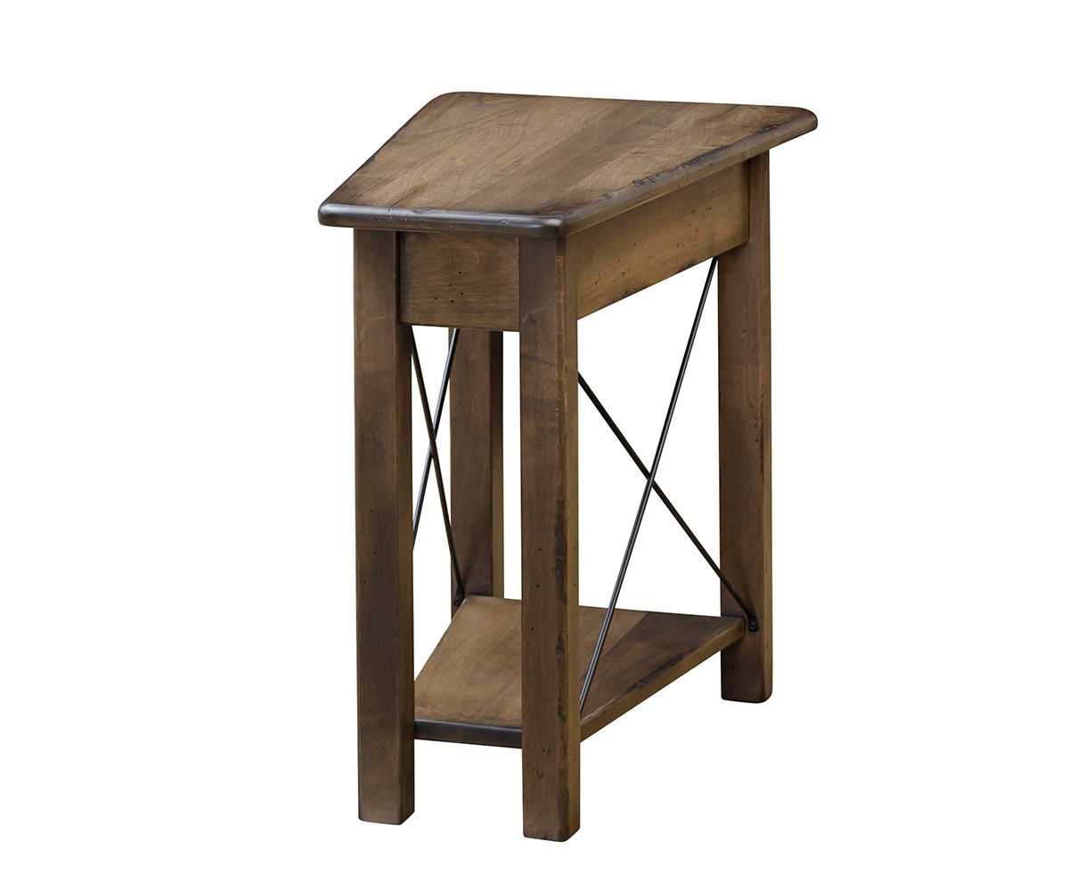 hand-rubbed finish hardwood Wedge End Table With Lower Shelf And Slat Sides, Wedge End Table With Lower Shelf And Slat Sides in a showroom vignette setting highlighting Wedge End Table With Lower Shelf And Slat Sides (thumbnail 3 of 5).