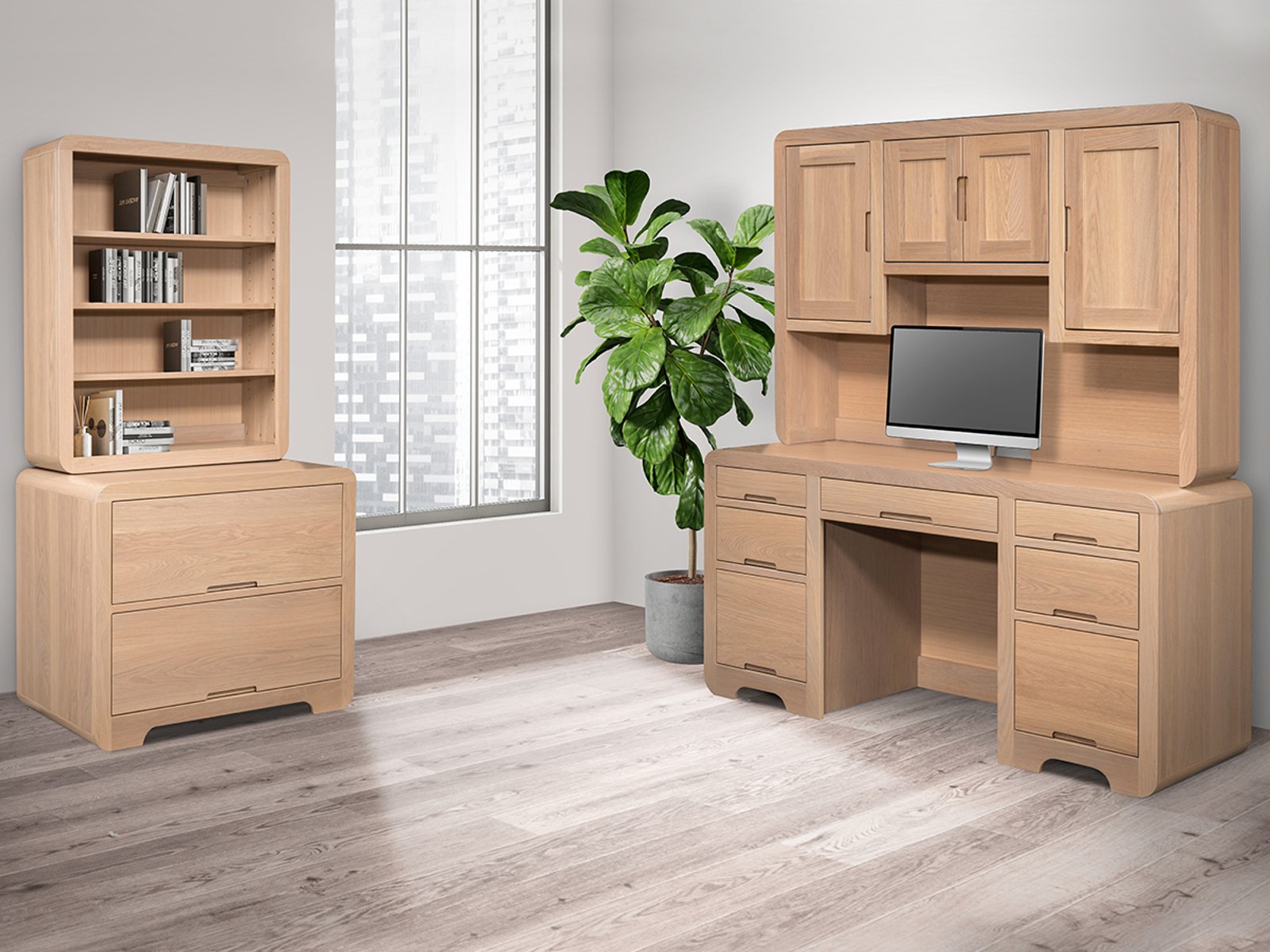 hand-rubbed finish hardwood Europa Rounded Corner Executive Desk With Hutch And File Storage, Europa Rounded Corner Executive Desk With Hutch And File Storage in a Europa vignette setting highlighting Europa Rounded Corner Executive Desk With Hutch And File Storage (frame 1 of 7).