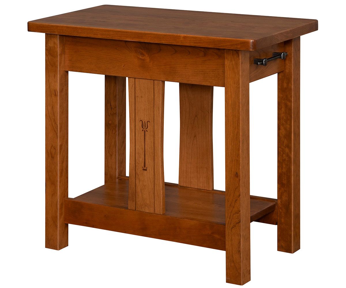 hand-rubbed finish hardwood Mission Style Chairside Table With Drawer And Shelf, Mission Style Chairside Table With Drawer And Shelf in a showroom vignette setting highlighting Mission Style Chairside Table With Drawer And Shelf (thumbnail 2 of 2).