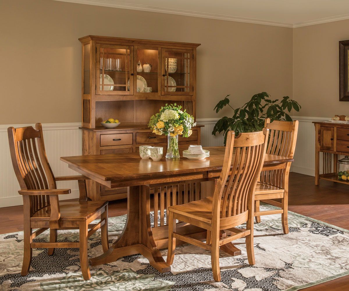 hand-rubbed finish hardwood Rectangular Double Pedestal Extension Dining Table, Rectangular Double Pedestal Extension Dining Table in a showroom vignette setting highlighting Rectangular Double Pedestal Extension Dining Table (thumbnail 4 of 4).