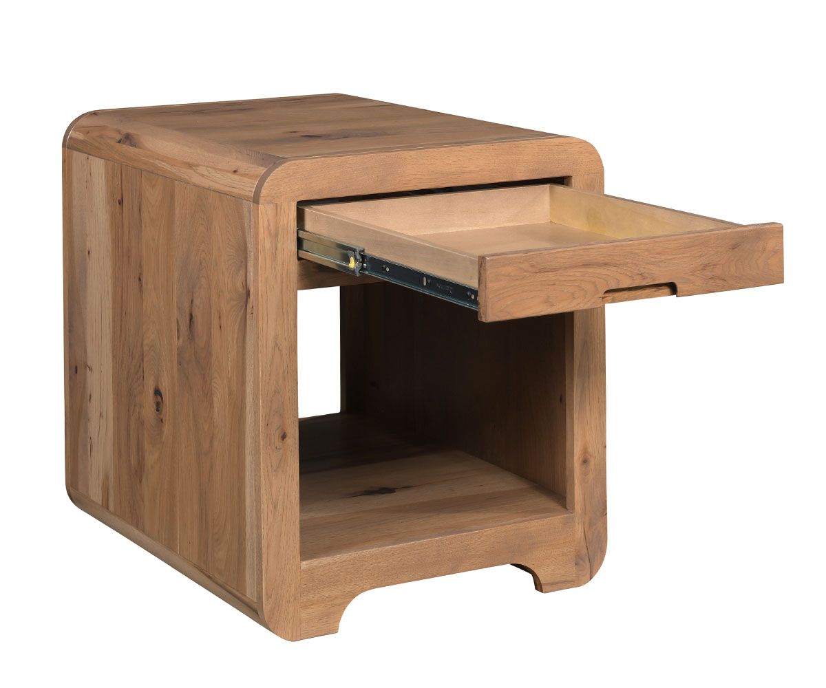 hand-rubbed finish hardwood Rounded Edge Solid Wood Nightstand With Drawer And Open Shelf, Rounded Edge Solid Wood Nightstand With Drawer And Open Shelf in a showroom vignette setting highlighting Rounded Edge Solid Wood Nightstand With Drawer And Open Shelf (thumbnail 2 of 3).