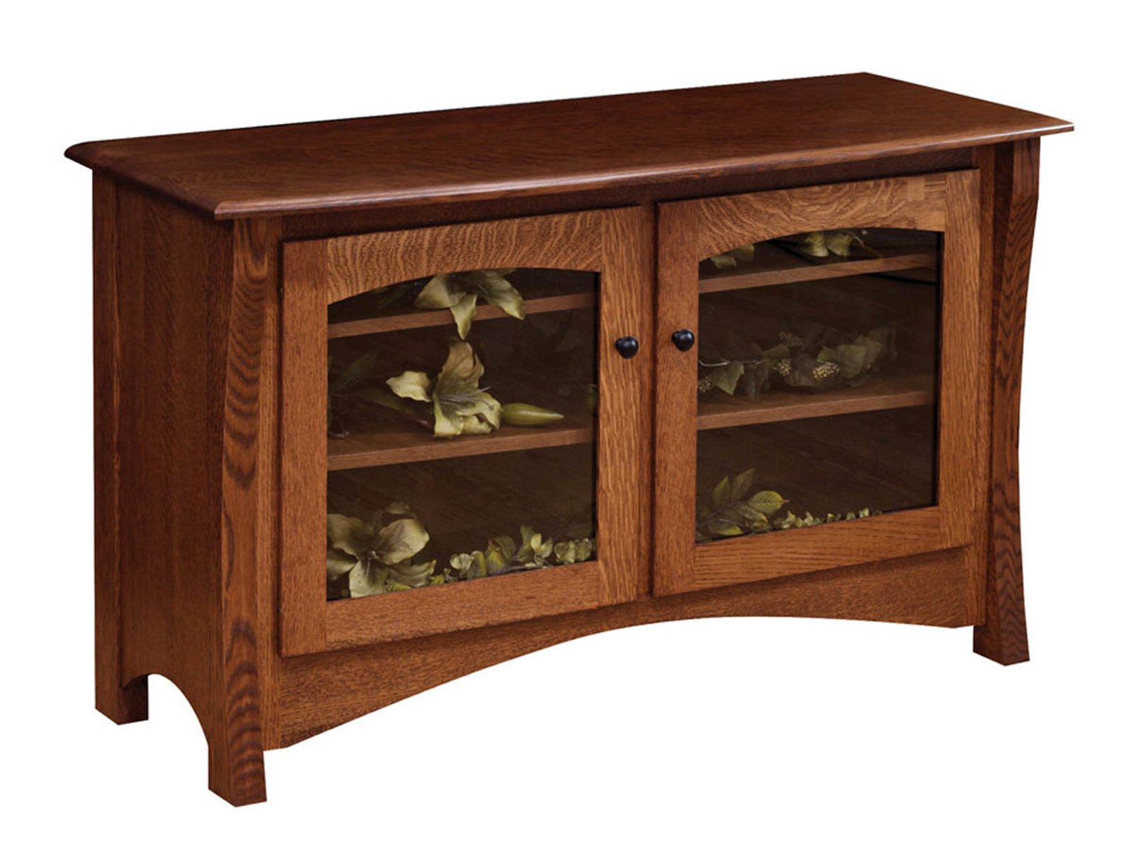 hand-rubbed finish hardwood Curved Panel Glass Door Tv Stand With Arched Base, Curved Panel Glass Door Tv Stand With Arched Base in a showroom vignette setting highlighting Curved Panel Glass Door Tv Stand With Arched Base (frame 1 of 2).