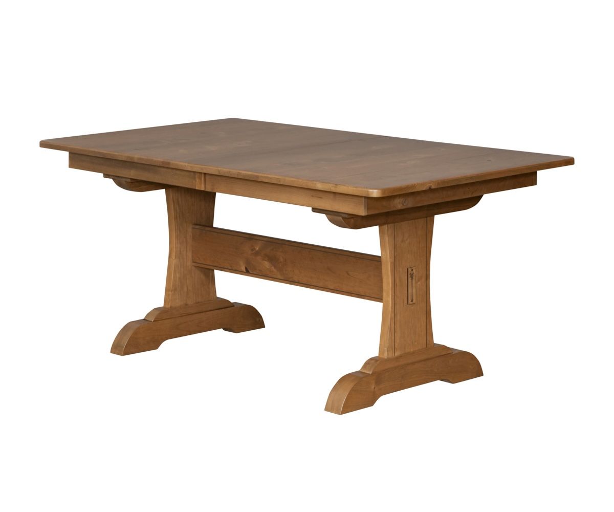 hand-rubbed finish hardwood Signature Solid Wood Trestle Dining Table With Leaves, Signature Solid Wood Trestle Dining Table With Leaves in a showroom vignette setting highlighting Signature Solid Wood Trestle Dining Table With Leaves (thumbnail 2 of 6).