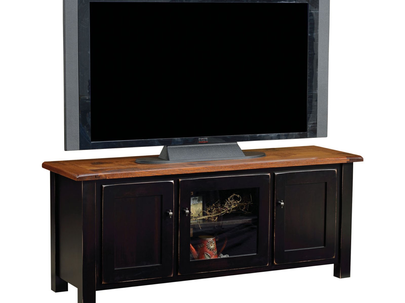 hand-rubbed finish hardwood Two-tone Shaker Style Tv Stand With Glass Center Door, Two-tone Shaker Style Tv Stand With Glass Center Door in a showroom vignette setting highlighting Two-tone Shaker Style Tv Stand With Glass Center Door (frame 1 of 1).