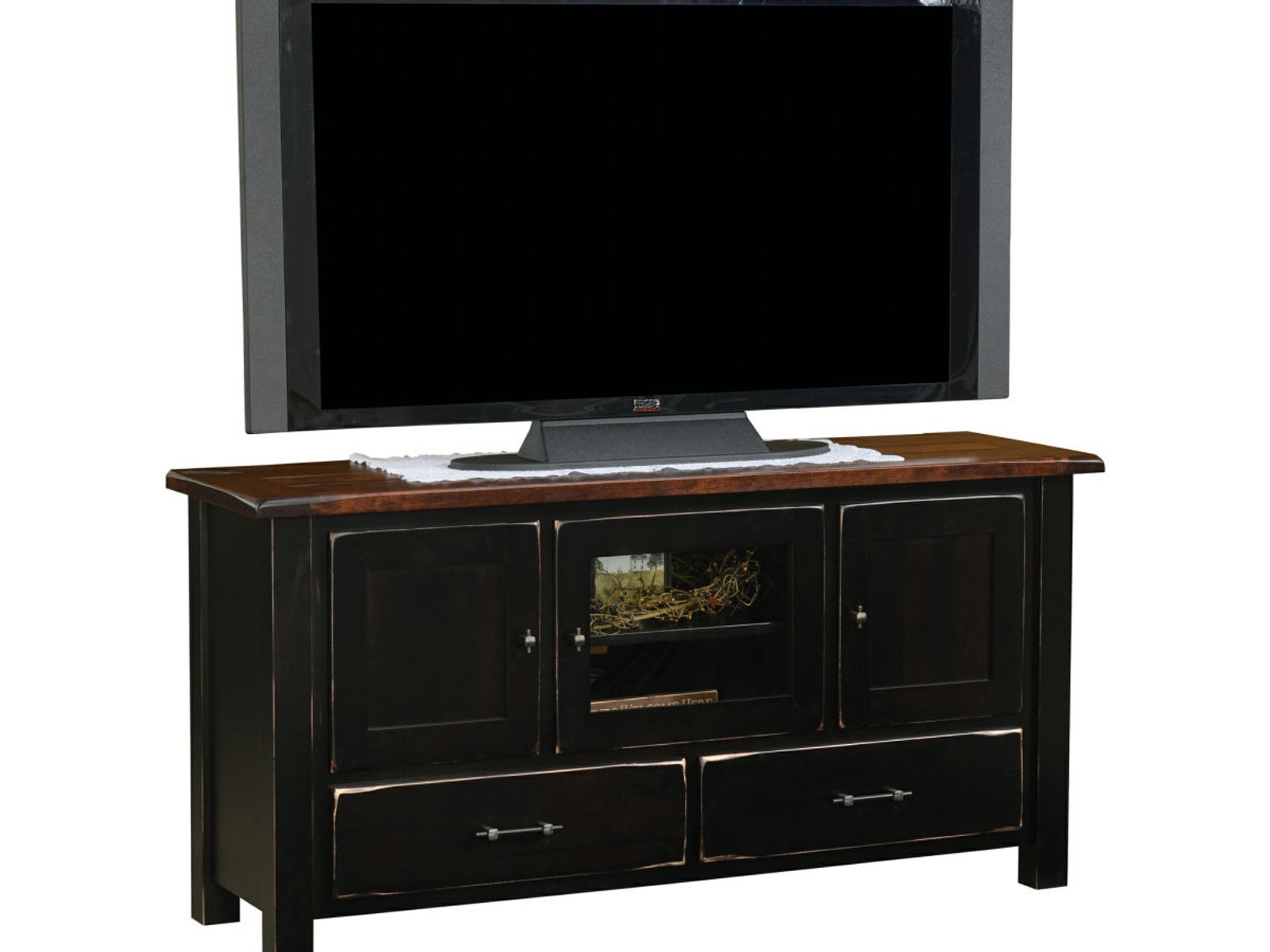 hand-rubbed finish hardwood Two-tone Shaker Tv Stand With Glass Door And Storage Drawers, Two-tone Shaker Tv Stand With Glass Door And Storage Drawers in a showroom vignette setting highlighting Two-tone Shaker Tv Stand With Glass Door And Storage Drawers (frame 1 of 1).