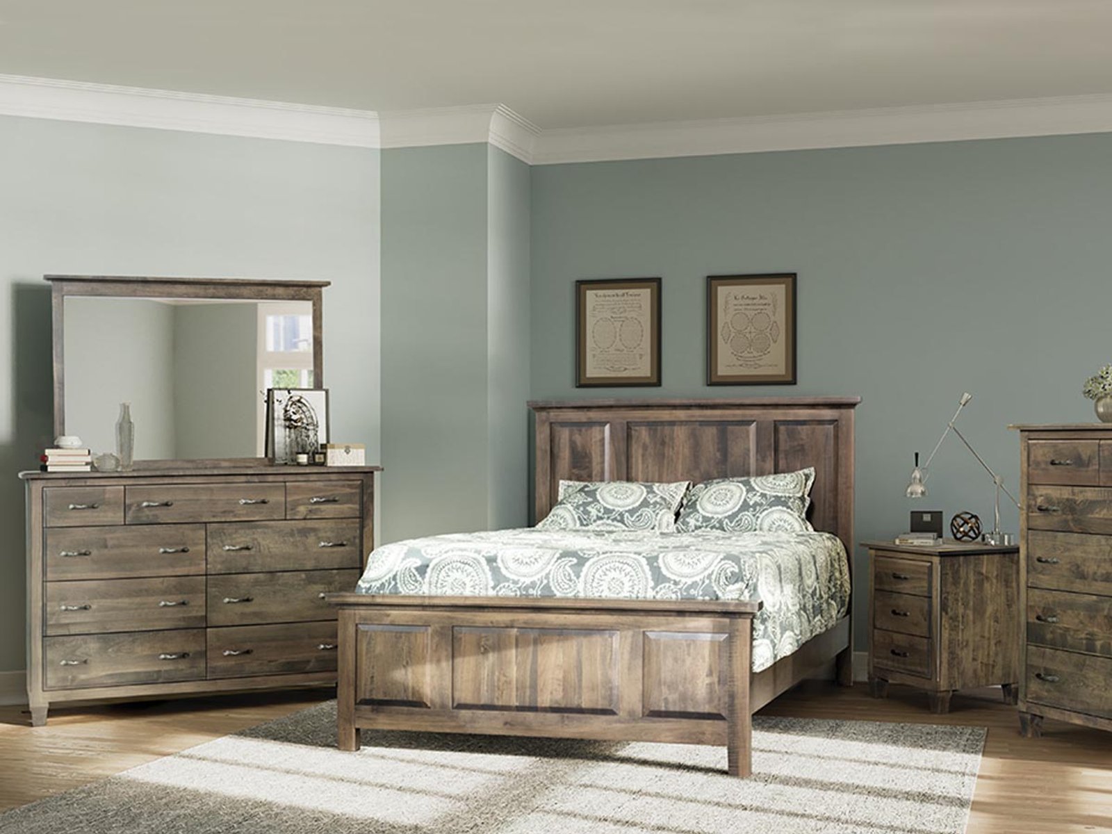 hand-rubbed finish hardwood Mccallister Panel Bed Frame, Mccallister Panel Bed Frame in a McCallister vignette setting highlighting Mccallister Panel Bed Frame (frame 1 of 1).