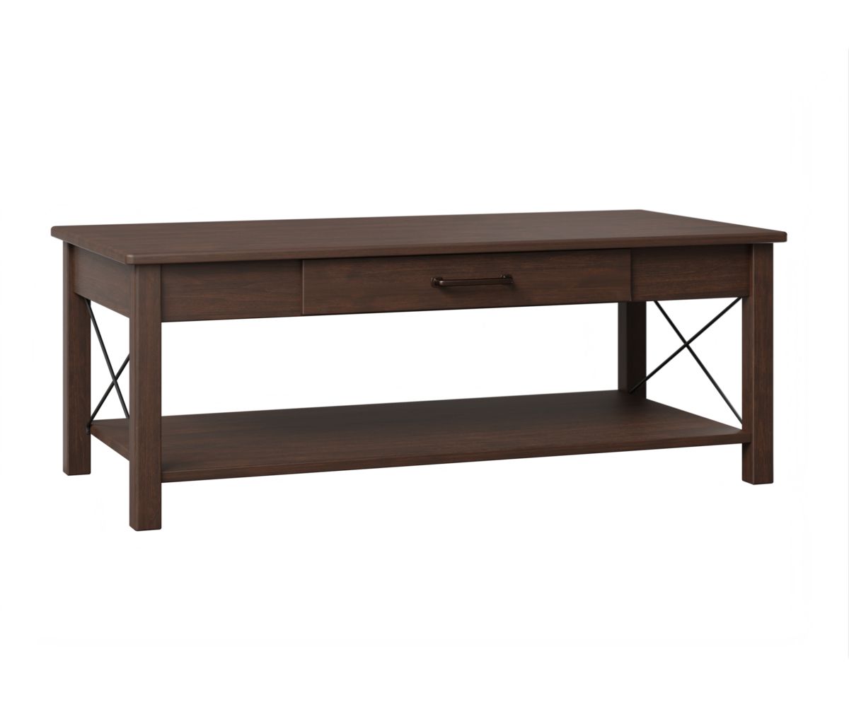 Rustic Brown Maple Coffee Table With Drawer And Shelf