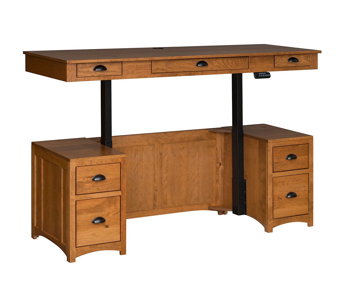 hand-rubbed finish hardwood Mission Style Executive Adjustable Lift Desk With Drawers, Mission Style Executive Adjustable Lift Desk With Drawers in a showroom vignette setting highlighting Mission Style Executive Adjustable Lift Desk With Drawers (thumbnail 2 of 6).