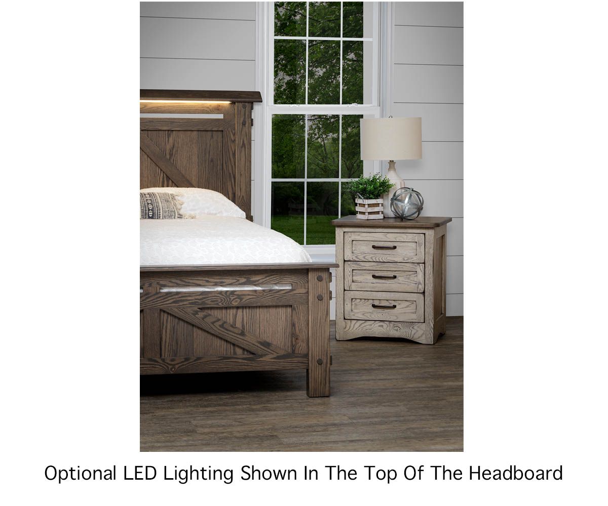 hand-rubbed finish hardwood Farmstead 3-drawer Nightstand With Panel Sides, Farmstead 3-drawer Nightstand With Panel Sides in a Farmstead vignette setting highlighting Farmstead 3-drawer Nightstand With Panel Sides (thumbnail 5 of 5).