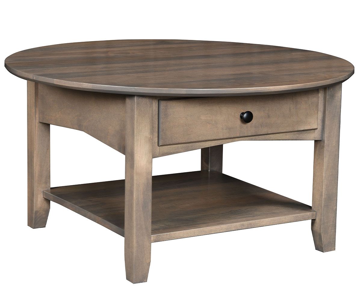 Round Hardwood Coffee Table With Drawer And Shelf