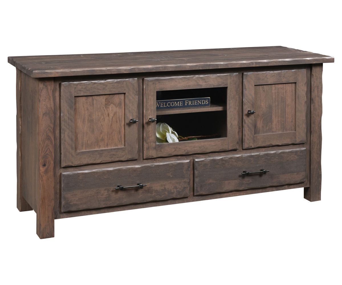 Rustic Wood Media Console With Paneled Doors And Drawers