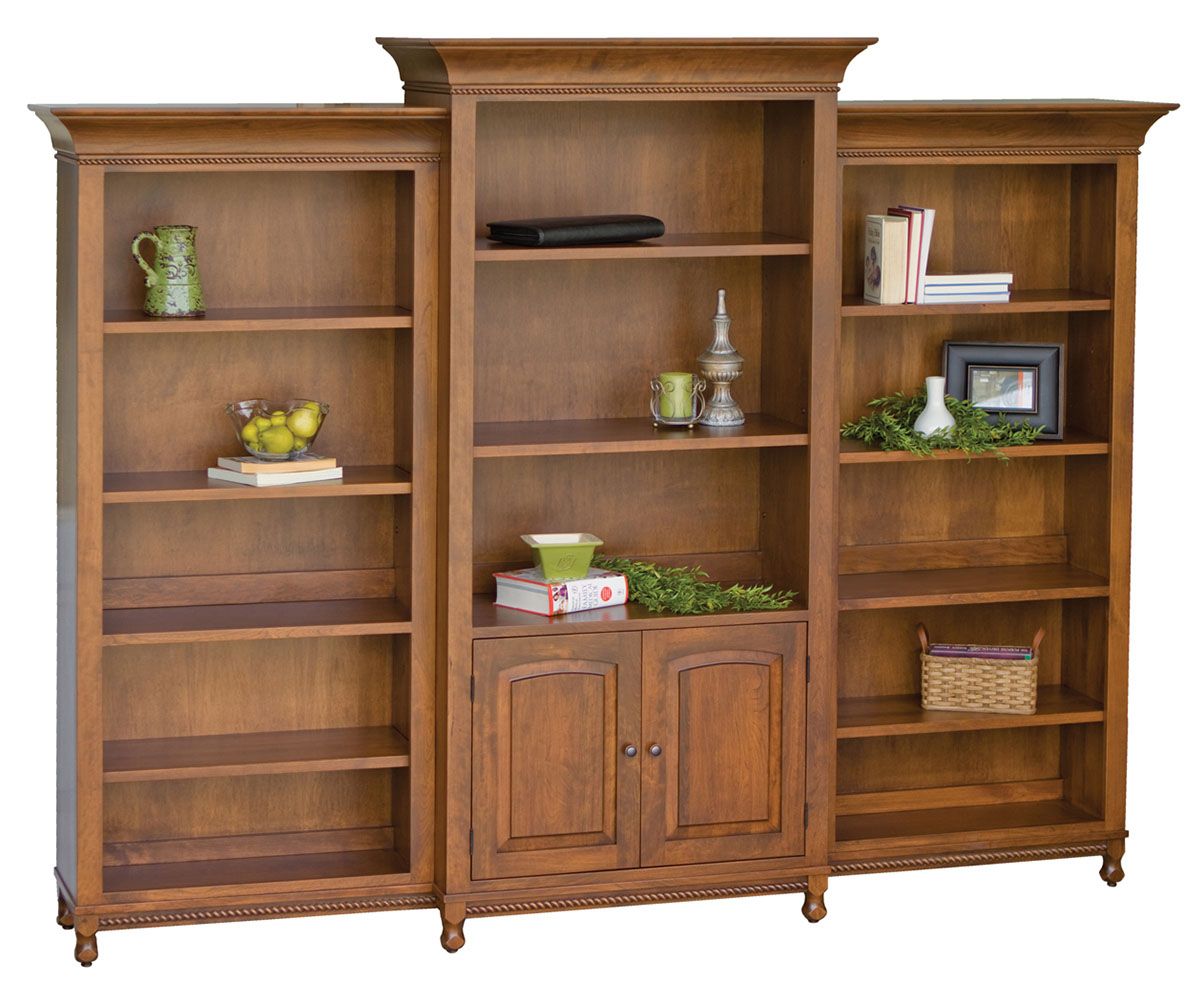 hand-rubbed finish hardwood Traditional Hardwood Bookcase With Lower Cabinet, Traditional Hardwood Bookcase With Lower Cabinet in a showroom vignette setting highlighting Traditional Hardwood Bookcase With Lower Cabinet (thumbnail 3 of 6).