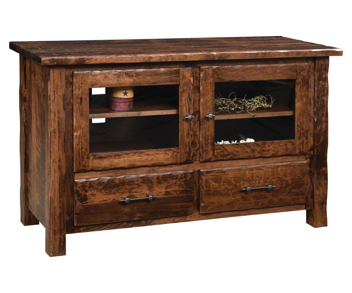 Rustic Glass Door Console With Two Drawers And Open Shelf