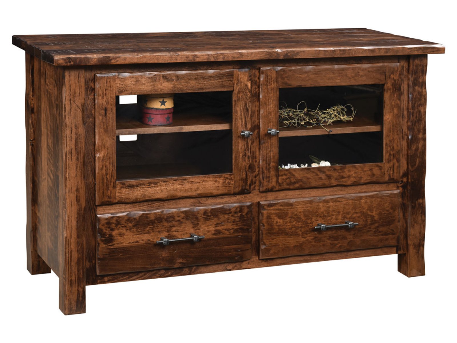 hand-rubbed finish hardwood Rustic Glass Door Console With Two Drawers And Open Shelf, Rustic Glass Door Console With Two Drawers And Open Shelf in a showroom vignette setting highlighting Rustic Glass Door Console With Two Drawers And Open Shelf (frame 1 of 1).