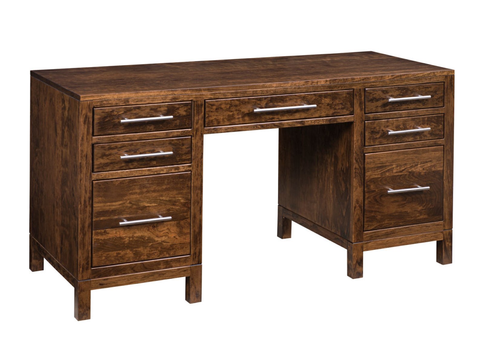 hand-rubbed finish hardwood Modern Double Pedestal Desk With Sleek Metal Pulls, Modern Double Pedestal Desk With Sleek Metal Pulls in a showroom vignette setting highlighting Modern Double Pedestal Desk With Sleek Metal Pulls (frame 1 of 3).