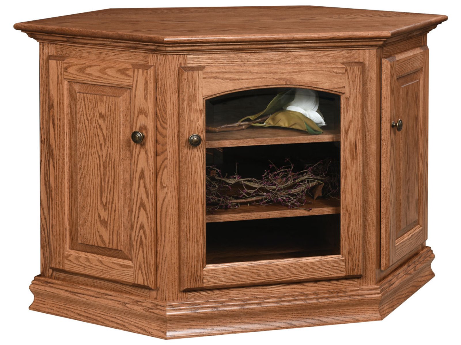 hand-rubbed finish hardwood Mission And Traditional Solid Wood Corner Tv Stands With Glass Door, Mission And Traditional Solid Wood Corner Tv Stands With Glass Door in a showroom vignette setting highlighting Mission And Traditional Solid Wood Corner Tv Stands With Glass Door (frame 1 of 4).