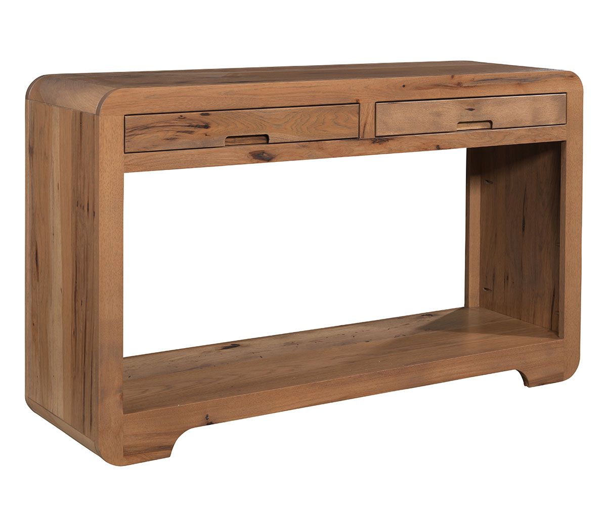 Modern Rounded Edge Console Table With Dual Drawers And Open Shelf