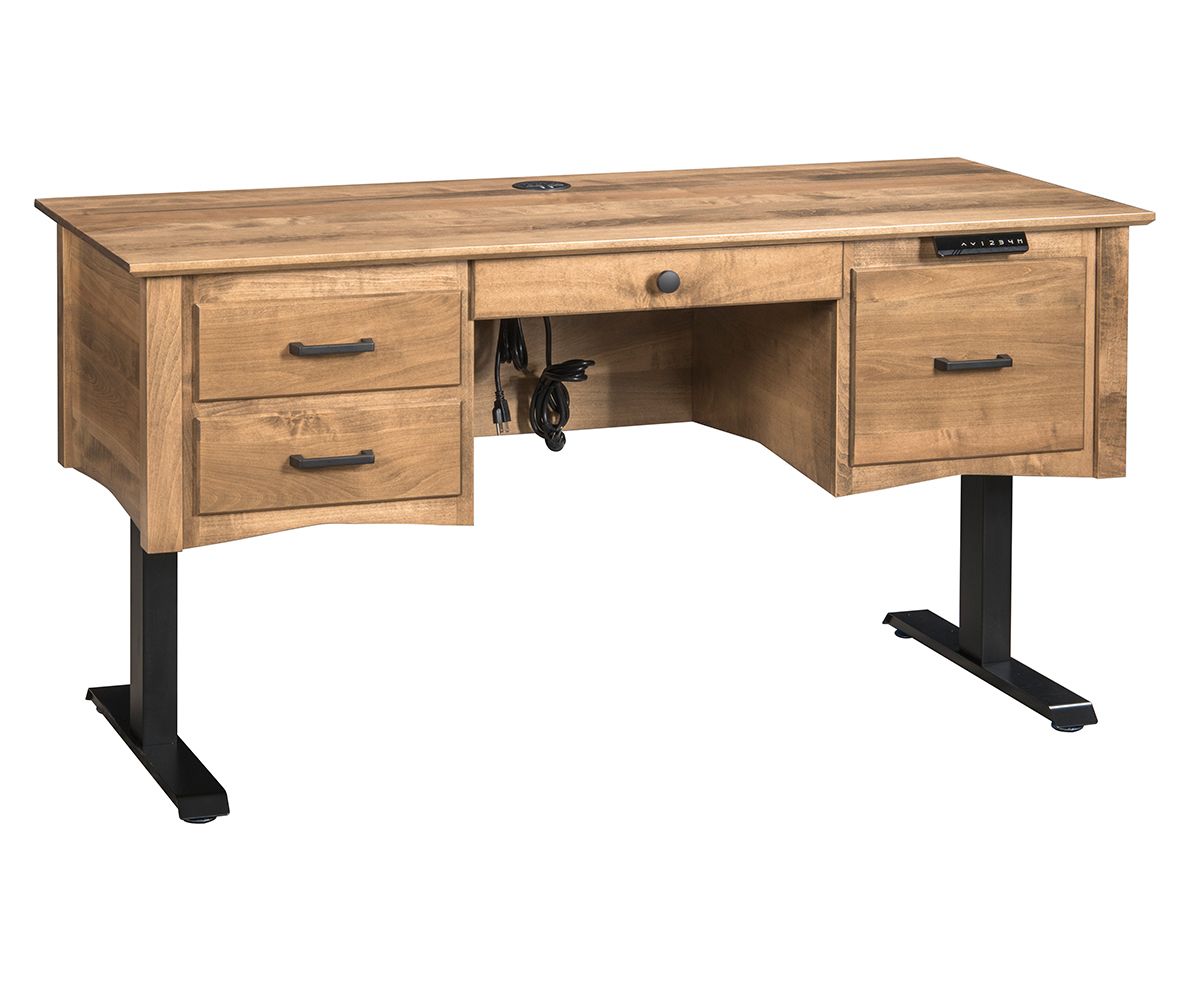 hand-rubbed finish hardwood Adjustable Height Standing Desk With Drawers, Adjustable Height Standing Desk With Drawers in a showroom vignette setting highlighting Adjustable Height Standing Desk With Drawers (thumbnail 2 of 2).
