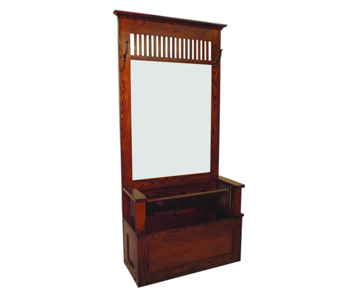 hand-rubbed finish hardwood Mission Hall Tree Bench With Mirror And Storage Seat, Mission Hall Tree Bench With Mirror And Storage Seat in a showroom vignette setting highlighting Mission Hall Tree Bench With Mirror And Storage Seat (thumbnail 2 of 2).