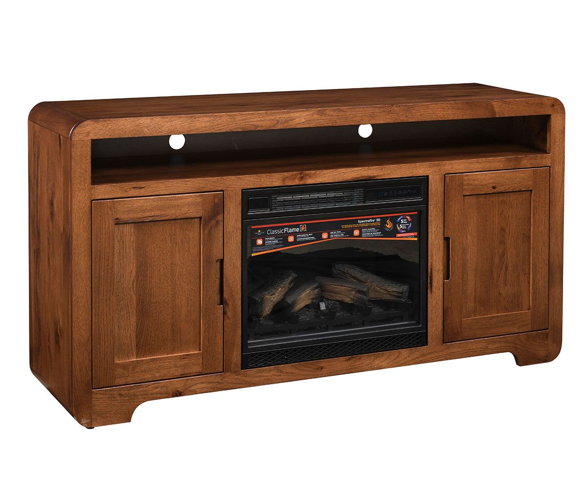 hand-rubbed finish hardwood Wooden Fireplace Tv Stand With Storage Cabinets And Open Shelf, Wooden Fireplace Tv Stand With Storage Cabinets And Open Shelf in a showroom vignette setting highlighting Wooden Fireplace Tv Stand With Storage Cabinets And Open Shelf (thumbnail 2 of 5).