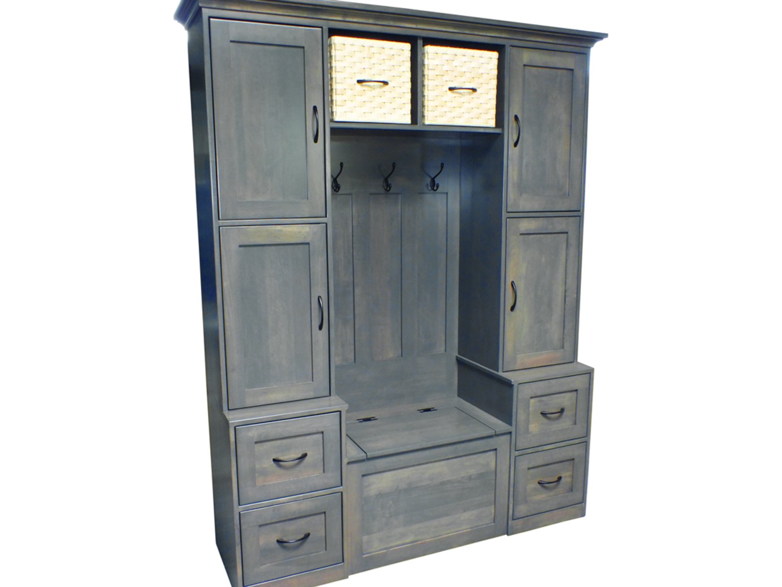 hand-rubbed finish hardwood Shaker Hall Tree With Bench, Cabinets, And Storage Drawers, Shaker Hall Tree With Bench, Cabinets, And Storage Drawers in a showroom vignette setting highlighting Shaker Hall Tree With Bench, Cabinets, And Storage Drawers (frame 1 of 1).