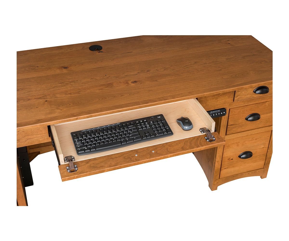 hand-rubbed finish hardwood Mission Style Executive Adjustable Lift Desk With Drawers, Mission Style Executive Adjustable Lift Desk With Drawers in a showroom vignette setting highlighting Mission Style Executive Adjustable Lift Desk With Drawers (thumbnail 3 of 6).