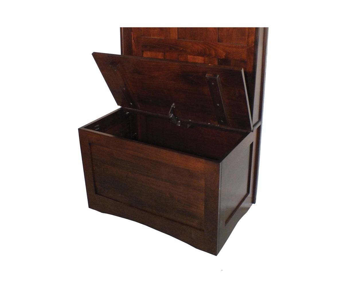 hand-rubbed finish hardwood Panel Back Entryway Hall Tree With Storage Bench And Hooks, Panel Back Entryway Hall Tree With Storage Bench And Hooks in a showroom vignette setting highlighting Panel Back Entryway Hall Tree With Storage Bench And Hooks (thumbnail 2 of 2).