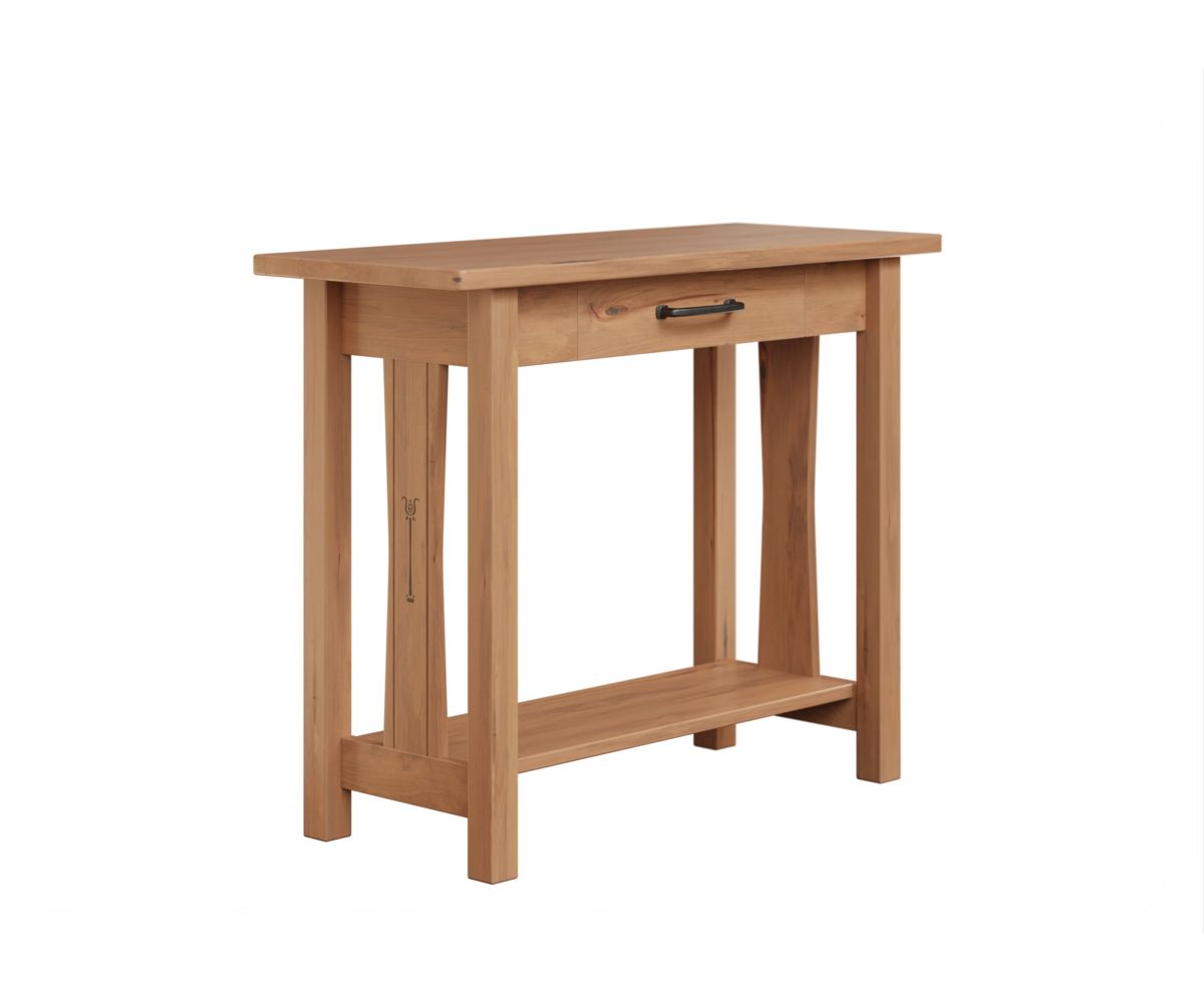 hand-rubbed finish hardwood Mission Style Console Table With Drawer And Lower Shelf, Mission Style Console Table With Drawer And Lower Shelf in a showroom vignette setting highlighting Mission Style Console Table With Drawer And Lower Shelf (thumbnail 3 of 3).