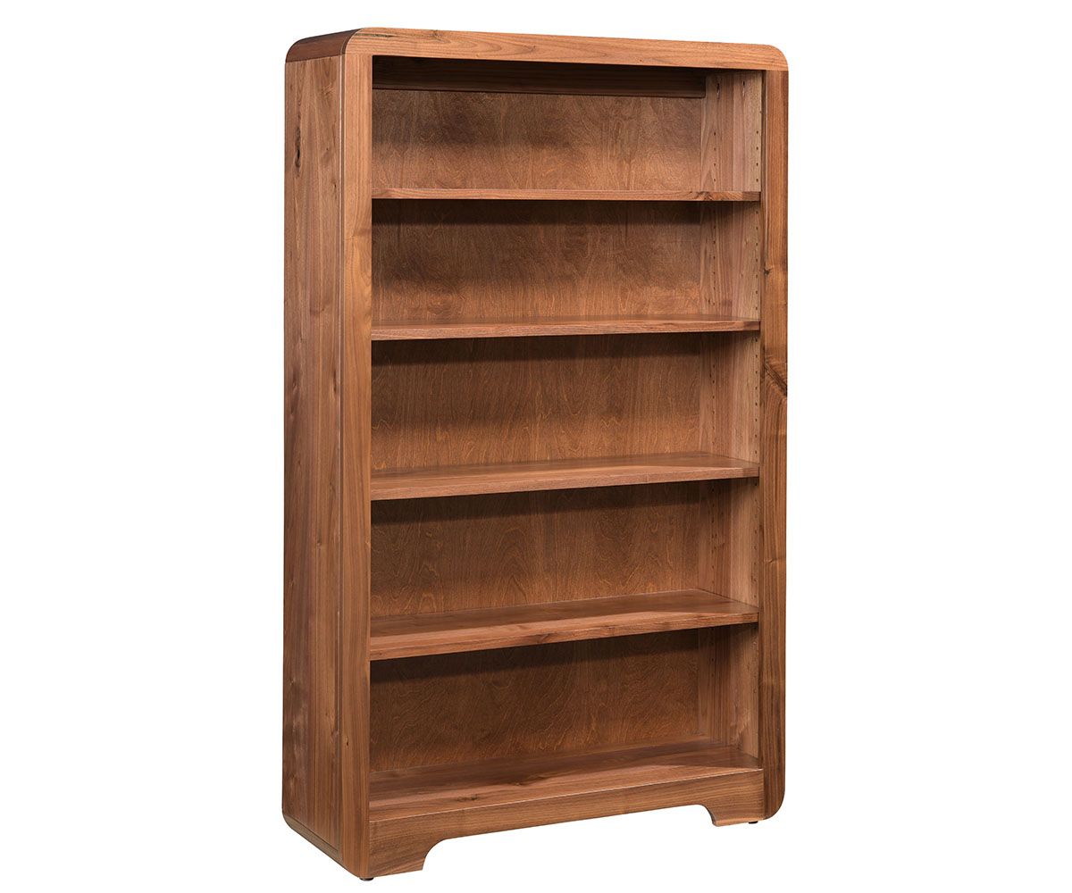 hand-rubbed finish hardwood Rounded Edge Solid Wood Bookcase With Adjustable Shelves, Rounded Edge Solid Wood Bookcase With Adjustable Shelves in a showroom vignette setting highlighting Rounded Edge Solid Wood Bookcase With Adjustable Shelves (thumbnail 3 of 5).