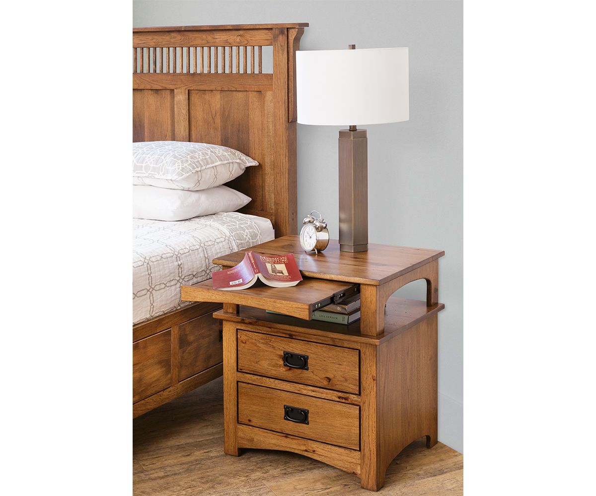hand-rubbed finish hardwood Mission Style Nightstand With Pull-out Writing Surface, Mission Style Nightstand With Pull-out Writing Surface in a showroom vignette setting highlighting Mission Style Nightstand With Pull-out Writing Surface (thumbnail 5 of 6).