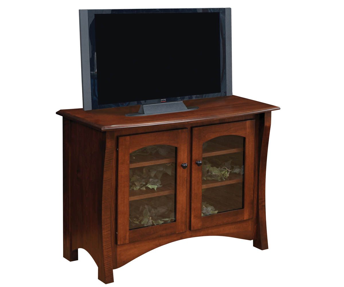 hand-rubbed finish hardwood Curved Panel Glass Door Tv Stand With Arched Base, Curved Panel Glass Door Tv Stand With Arched Base in a showroom vignette setting highlighting Curved Panel Glass Door Tv Stand With Arched Base (thumbnail 2 of 2).
