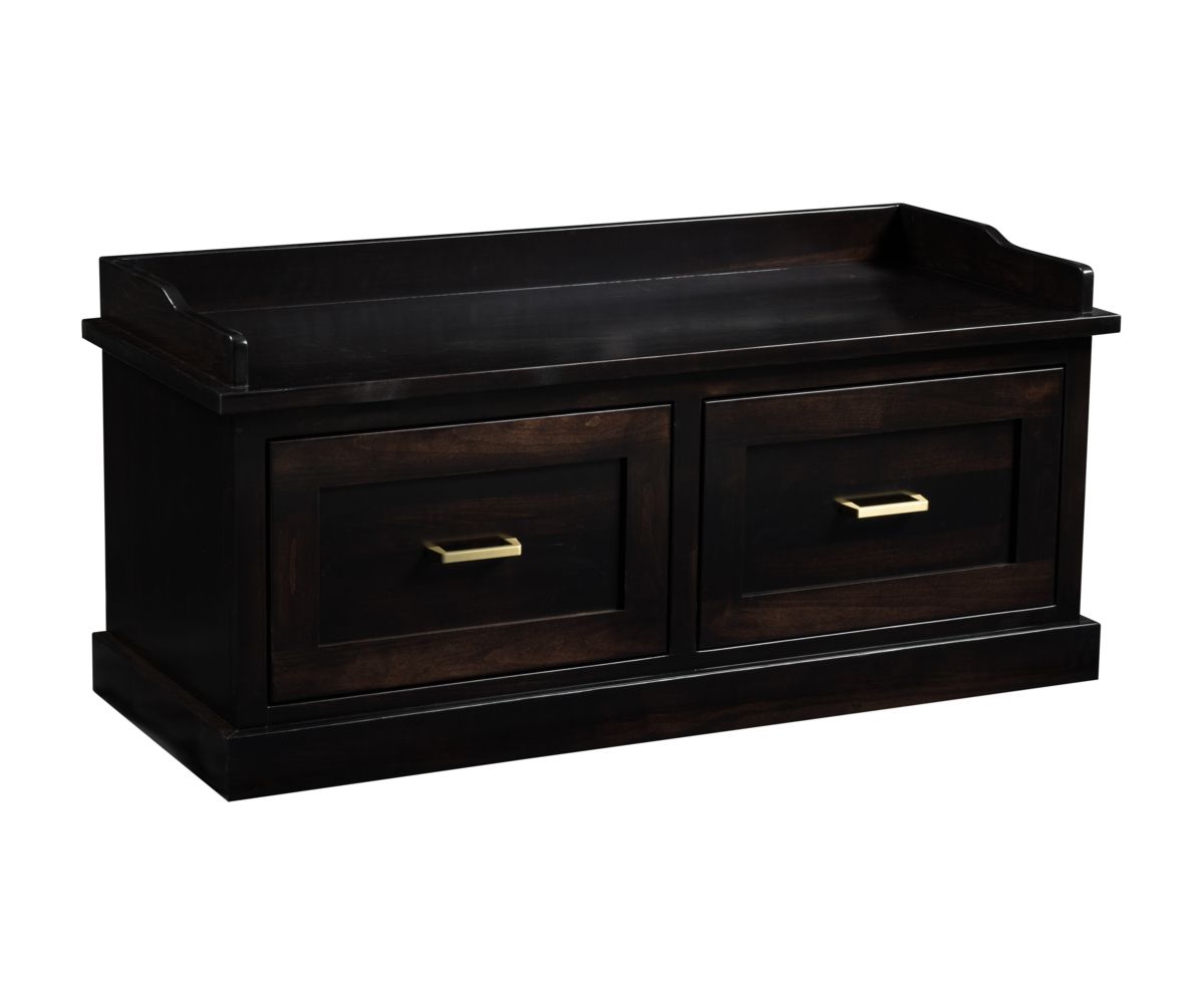 hand-rubbed finish hardwood Shaker Panel Storage Bench With Raised Back And Dual Drawers, Shaker Panel Storage Bench With Raised Back And Dual Drawers in a showroom vignette setting highlighting Shaker Panel Storage Bench With Raised Back And Dual Drawers (thumbnail 2 of 2).