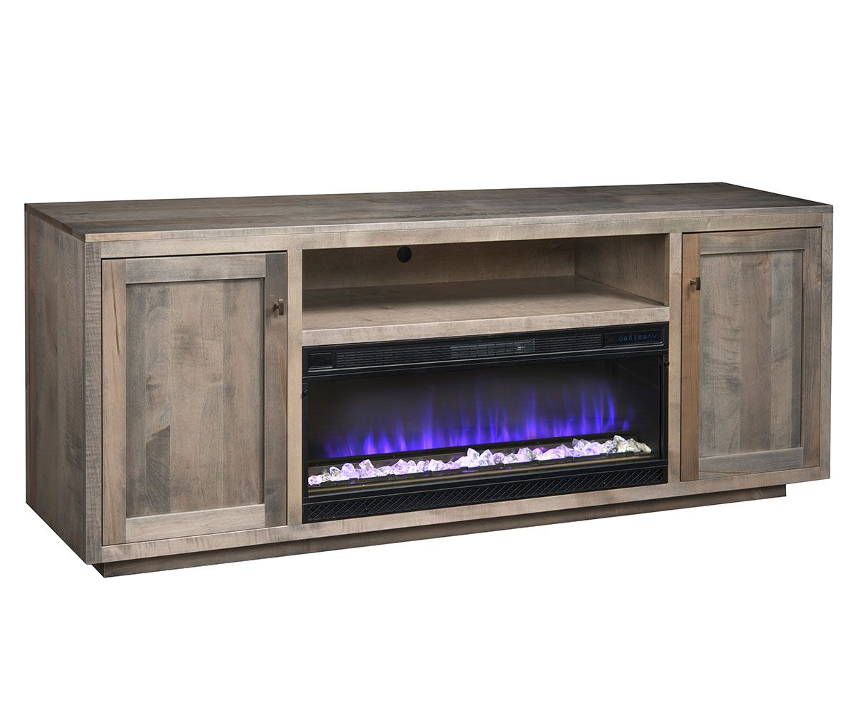 hand-rubbed finish hardwood Rustic Sliding Door Fireplace Tv Console, Rustic Sliding Door Fireplace Tv Console in a showroom vignette setting highlighting Rustic Sliding Door Fireplace Tv Console (thumbnail 2 of 2).