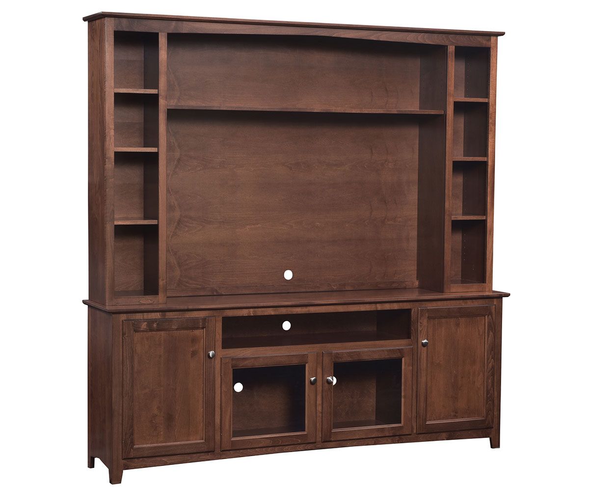 hand-rubbed finish hardwood Solid Wood Entertainment Center With Shelves And Cabinets, Solid Wood Entertainment Center With Shelves And Cabinets in a showroom vignette setting highlighting Solid Wood Entertainment Center With Shelves And Cabinets (thumbnail 2 of 3).