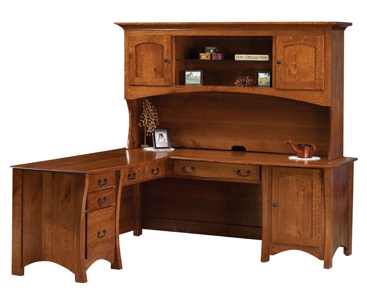 hand-rubbed finish hardwood L-shaped Desk With Arched Base And Optional Hutch Storage, L-shaped Desk With Arched Base And Optional Hutch Storage in a showroom vignette setting highlighting L-shaped Desk With Arched Base And Optional Hutch Storage (thumbnail 2 of 2).